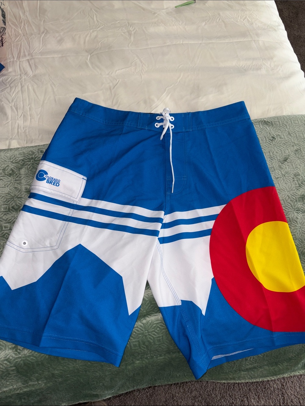 Colorado Bred Men's Blue & White Swim Board Shorts with Flag Accent